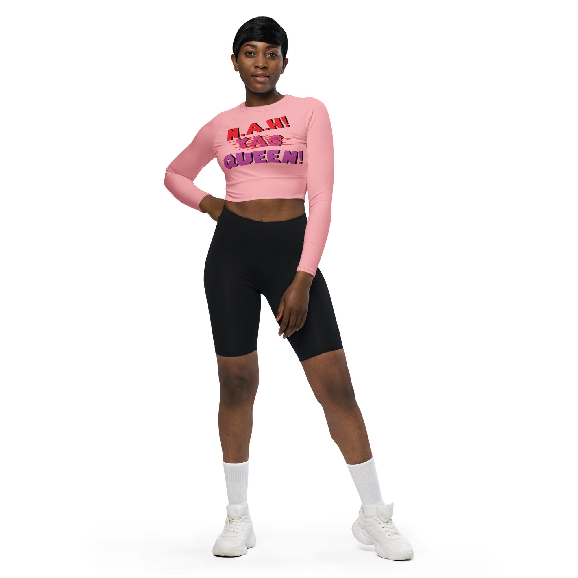 Queen's 'N.A.H! Queen!' Recycled Long-Sleeve Crop Top (Light Pink)